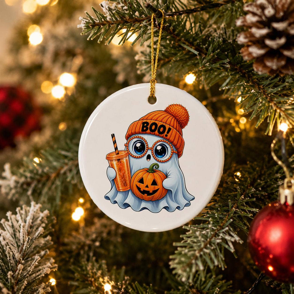 Ceramic Halloween Ghost Ornament with Pumpkin and Glasses