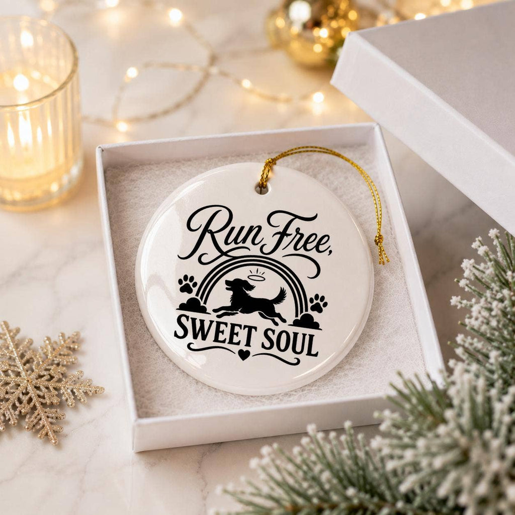 Pet Memorial Ornament – Rainbow, Dog Silhouette & Paw Prints