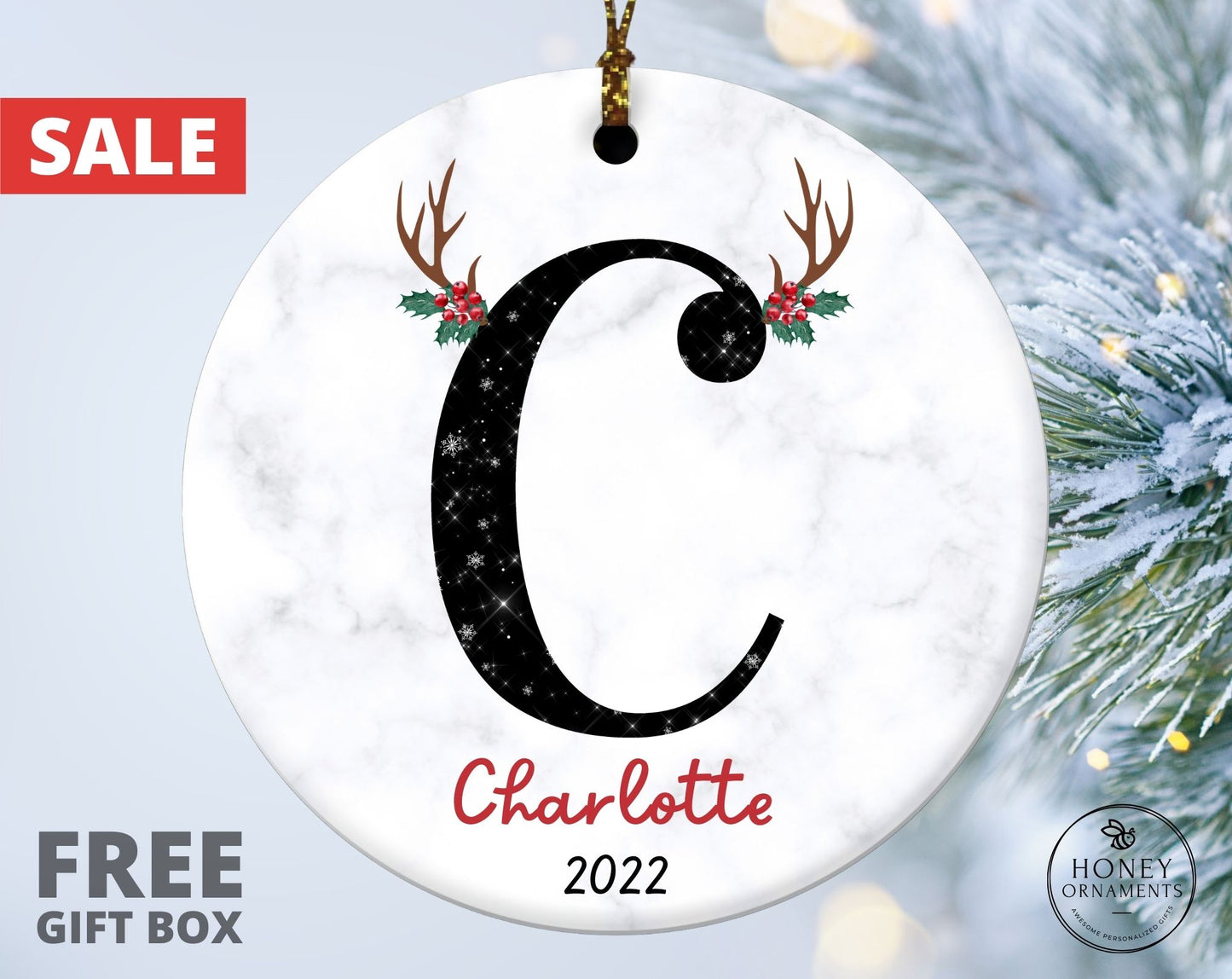 Personalized Family Ornament, 2023 Custom Alphabet Ornament, Christmas Deer Antlers Gift, Monogram Initial Ornament, Christmas Tree Ornament