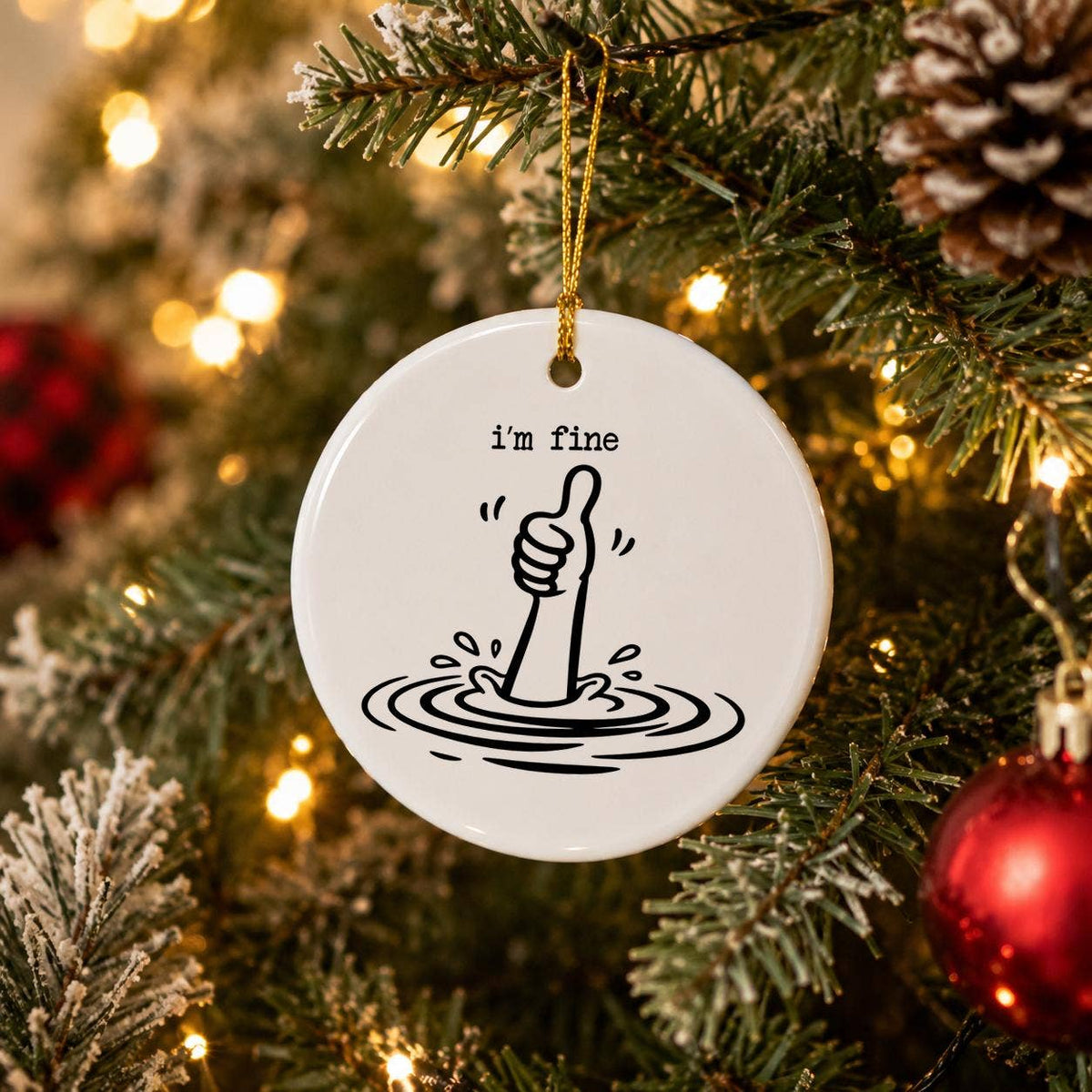 Humorous I'm Fine' Hand Motif Ceramic Christmas Ornament