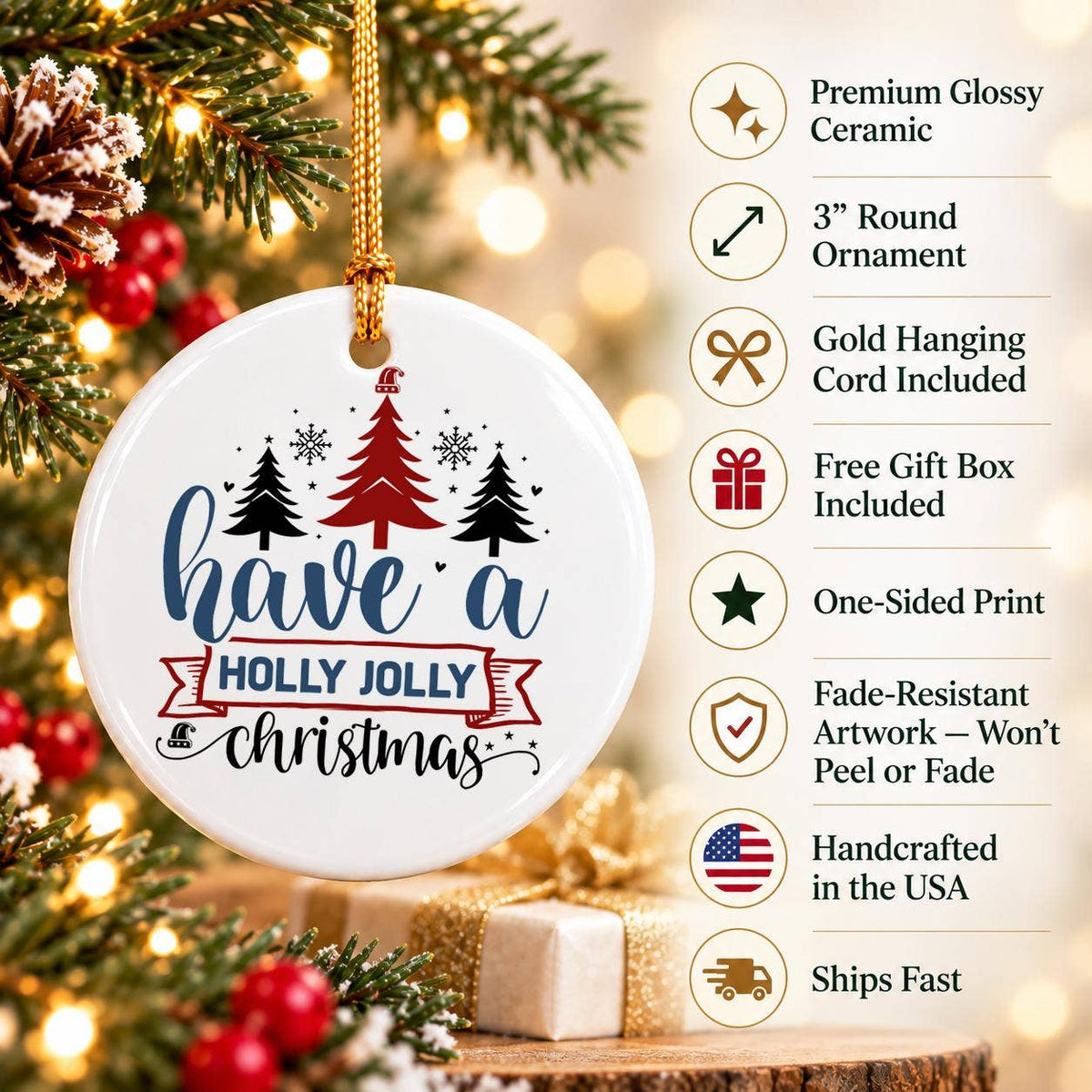 Holly Jolly Christmas Ceramic Ornament with Gift Box