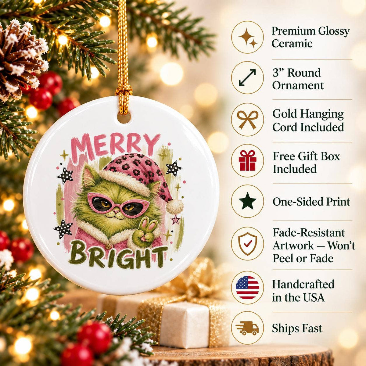 Festive Cat Ceramic Ornament with Sunglasses for Christmas