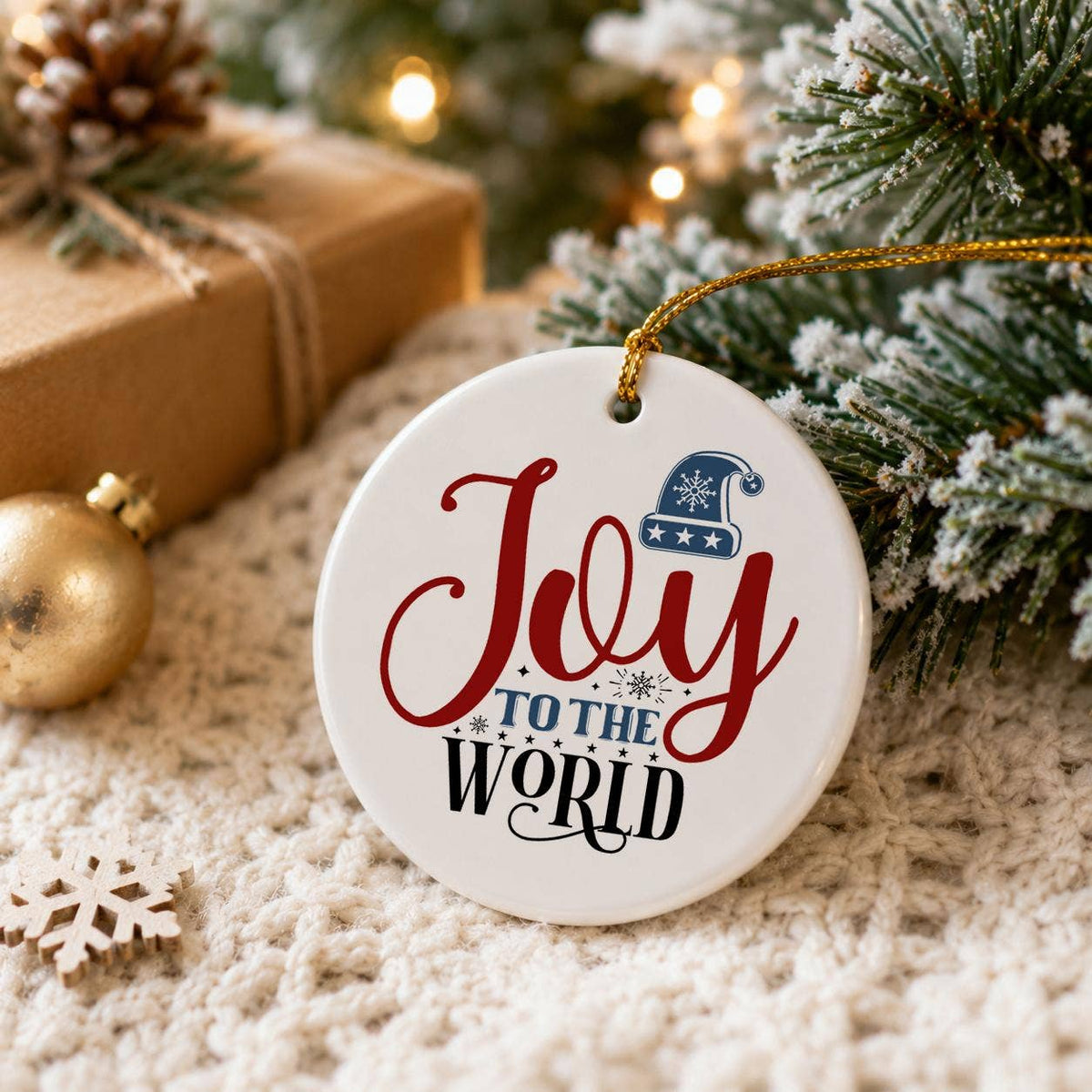 Joy to the World Ceramic Ornament with Winter Hat Design