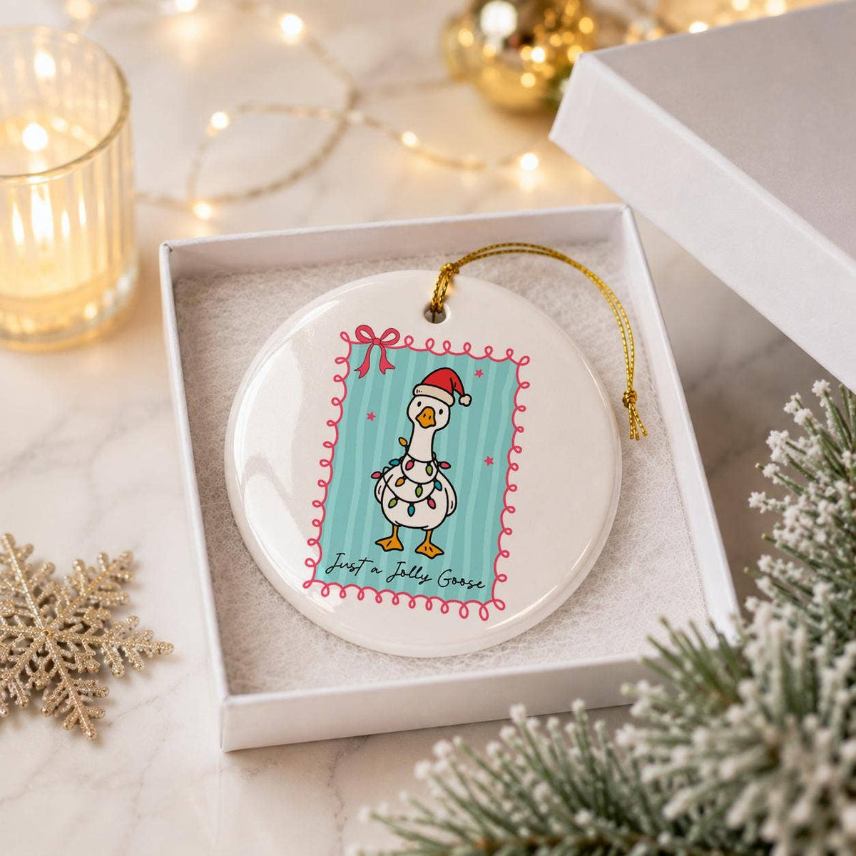 Jolly Goose Ceramic Ornament with Santa Hat & Holiday Lights