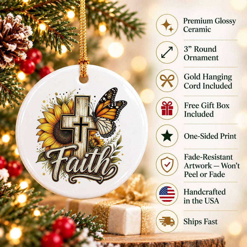 Faith Cross Sunflower Ceramic Ornament Gift Boxed