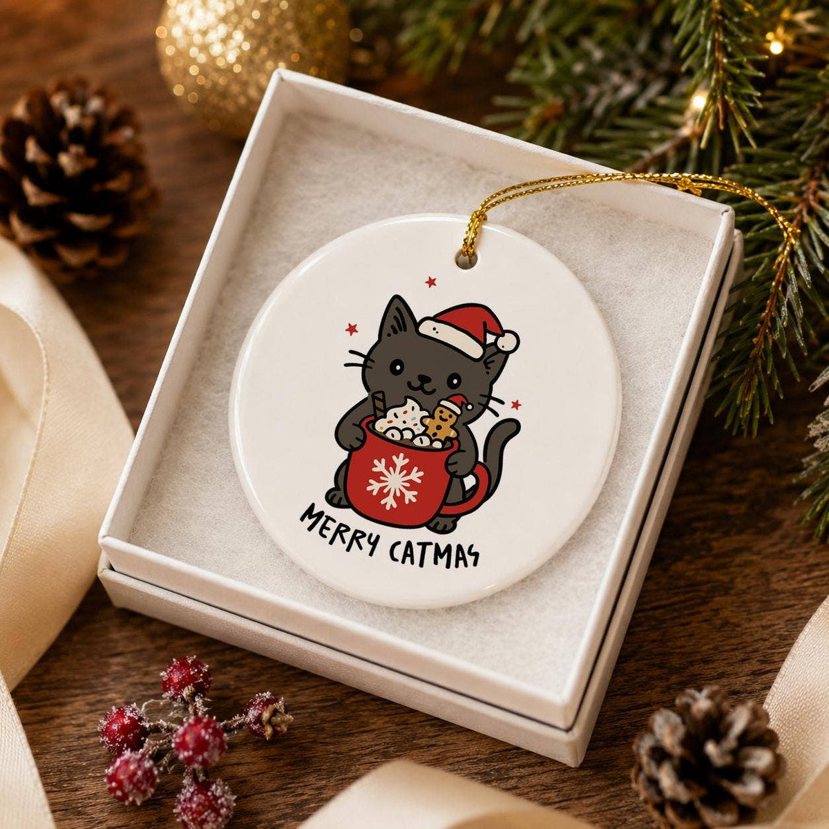 Black Cat Santa Hat Ceramic Christmas Ornament Gift Box