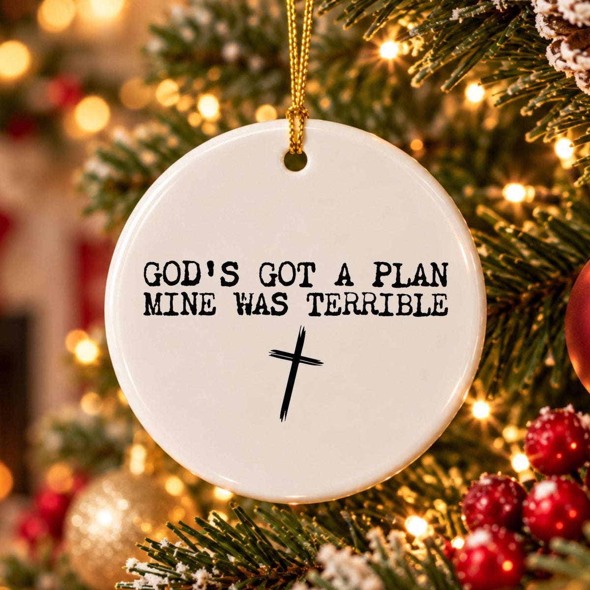 Gods Plan Ornament: Ceramic Cross Christmas Gift Keepsake