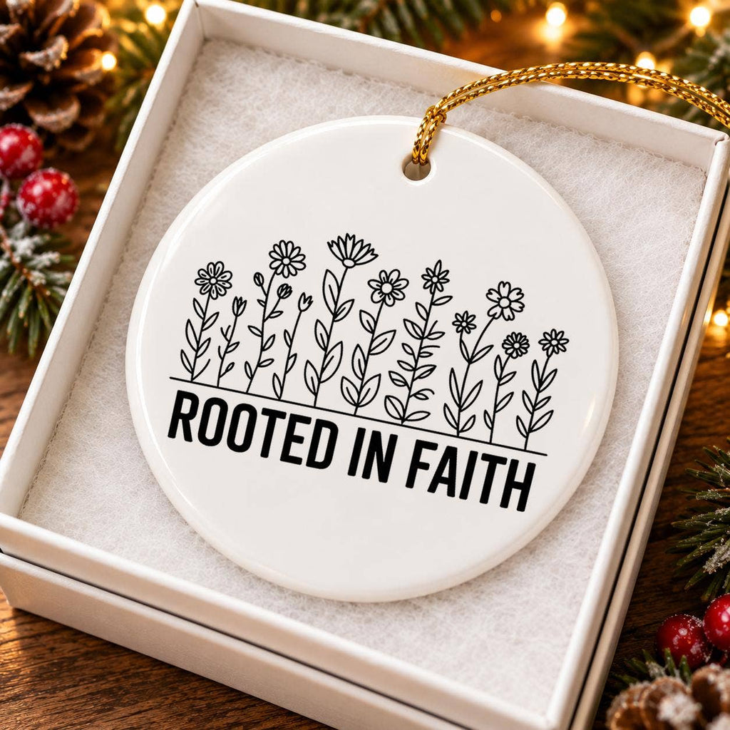 Rooted in Faith Floral Ceramic Holiday Ornament with Box