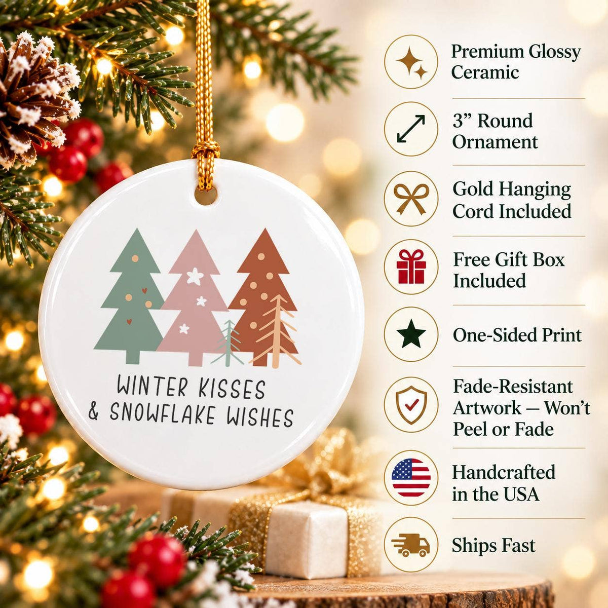 Winter Kisses Snowflake Ceramic Ornament with Gift Box