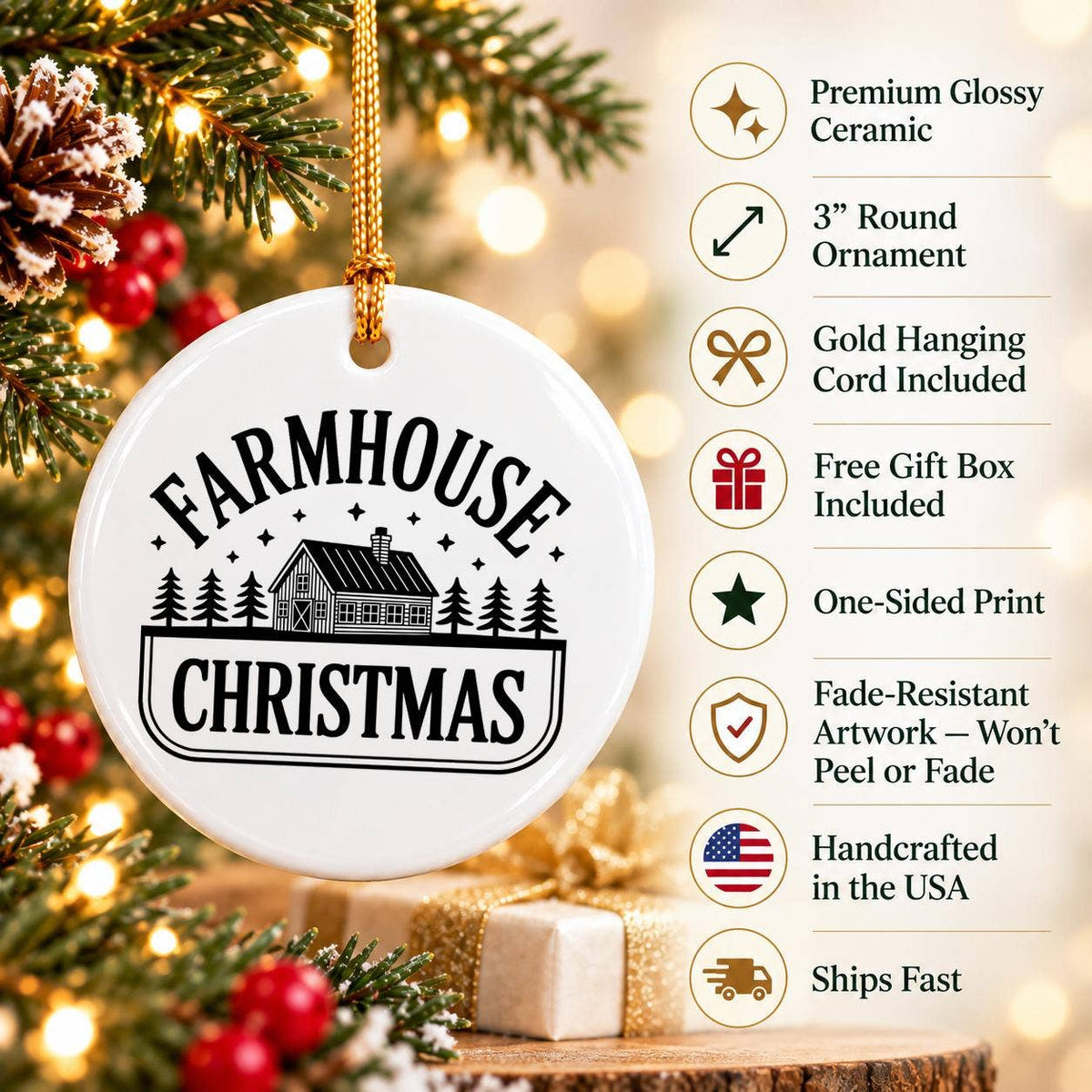 Farmhouse Christmas Ceramic Ornament with Gift Box