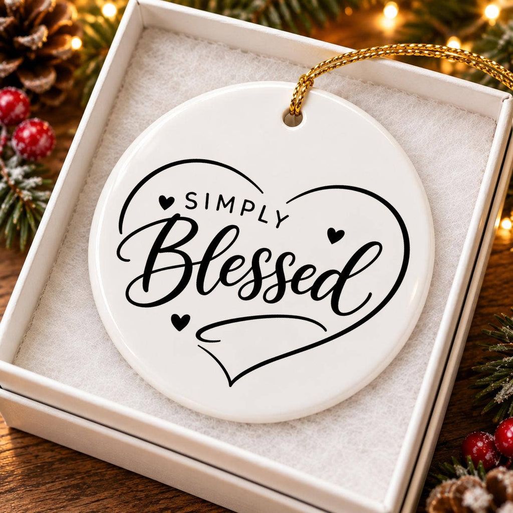 Simply Blessed Glossy Ceramic Ornament with Heart Motifs