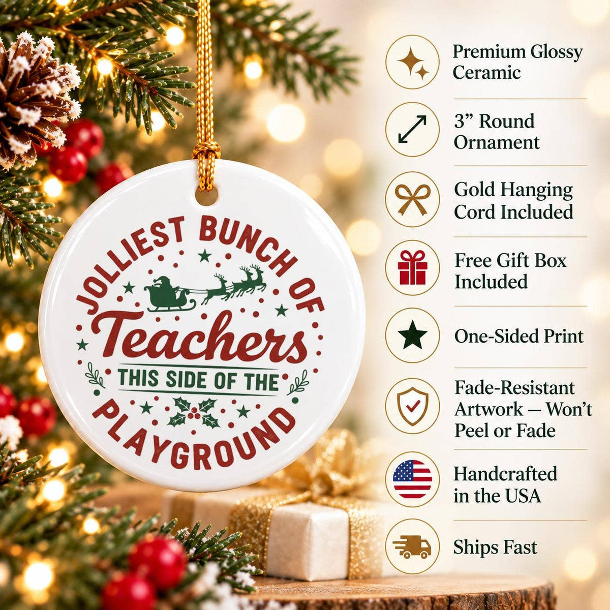 Jolly Teachers Christmas Ceramic Ornament Gift Box