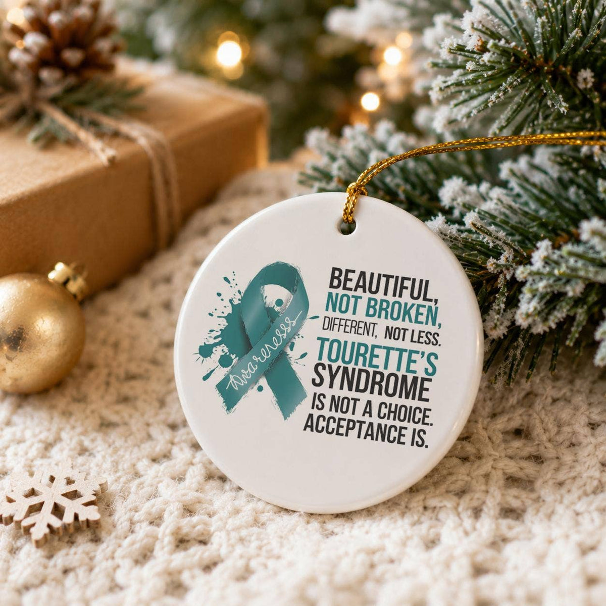 Tourettes Awareness Teal Ribbon Ornament Gift Boxed Holiday