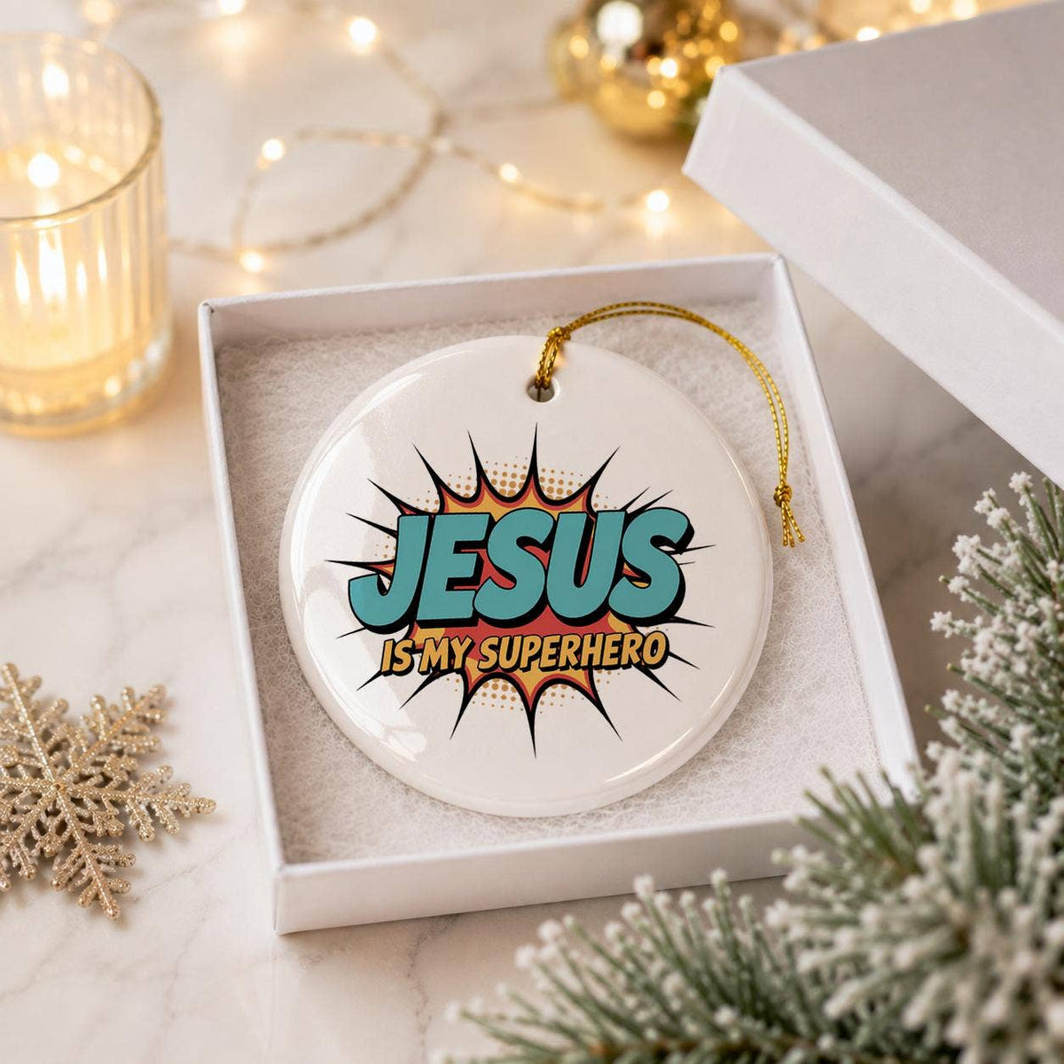 Jesus Is My Superhero Comic Ceramic Ornament for Christmas