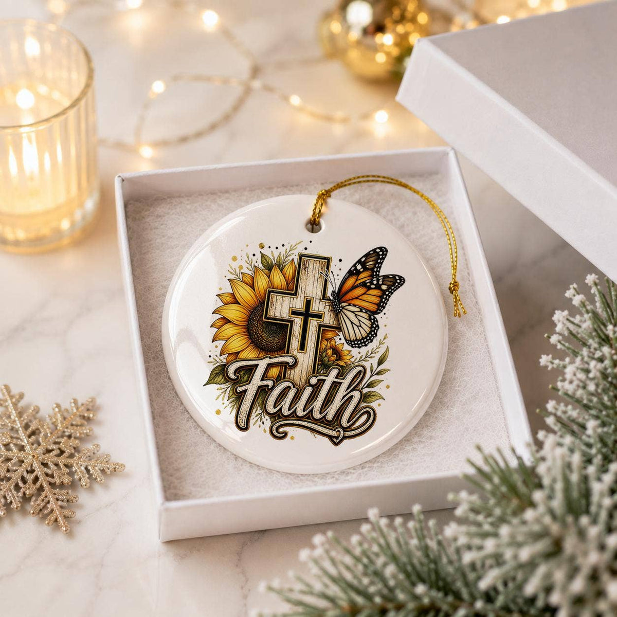Faith Cross Sunflower Ceramic Ornament Gift Boxed