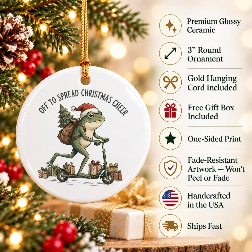 Whimsical Frog on Scooter Christmas Ornament in Gift Box