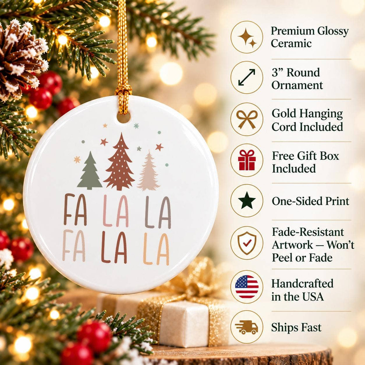 Fa La La Ceramic Ornament with Christmas Trees in Gift Box