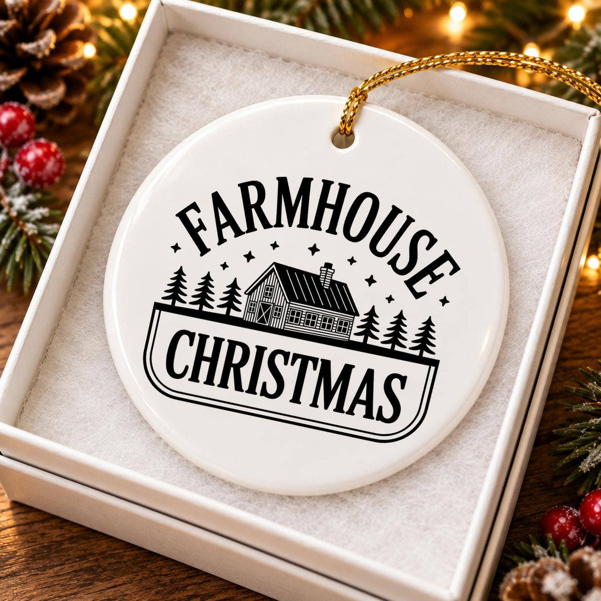 Farmhouse Christmas Ceramic Ornament with Gift Box