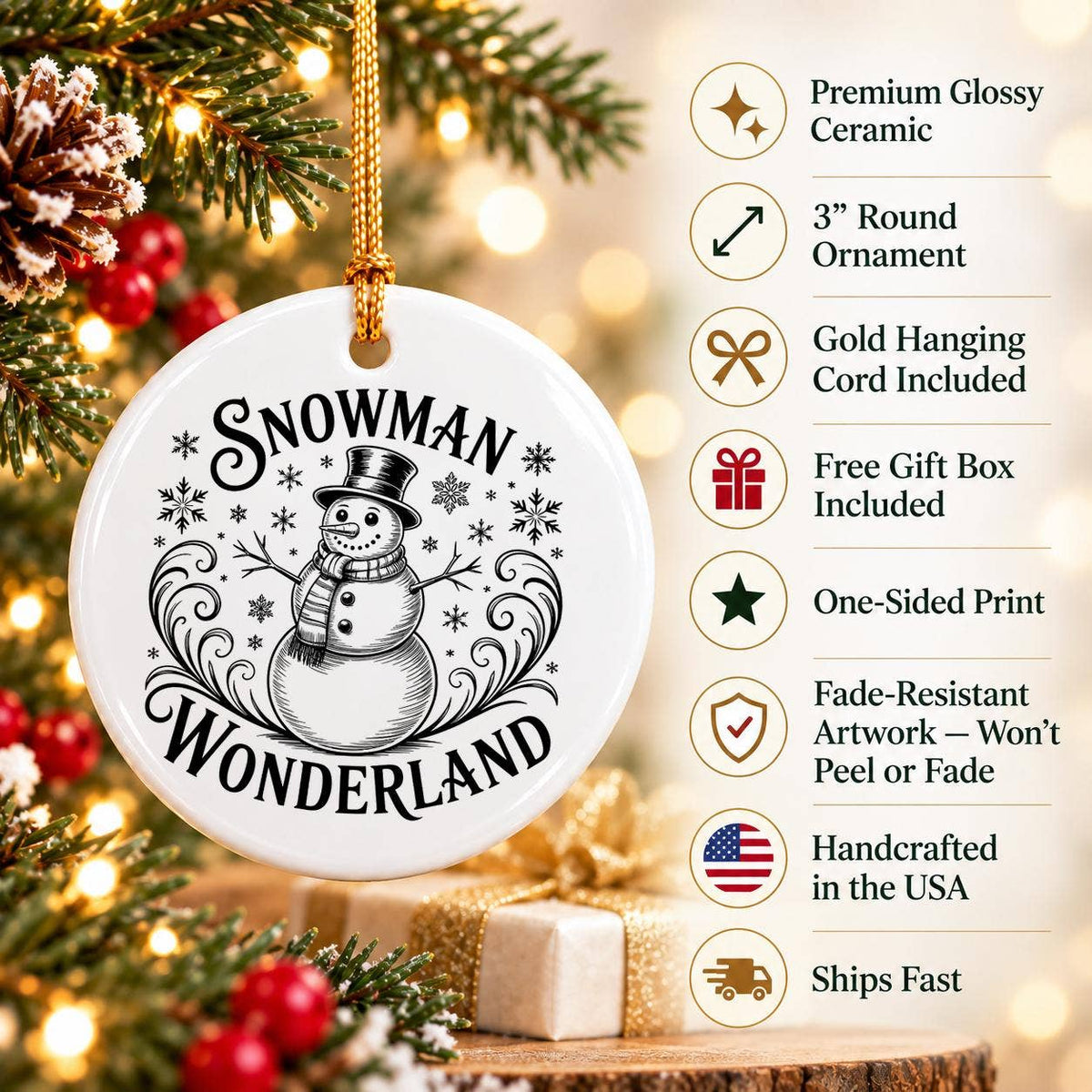Adorable Snowman Wonderland Ceramic Ornament with Snowflakes