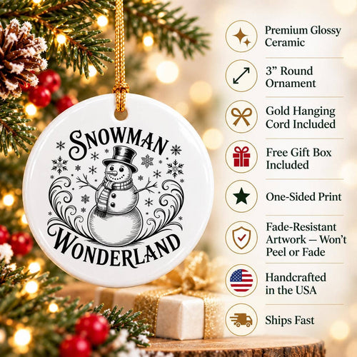 Adorable Snowman Wonderland Ceramic Ornament with Snowflakes