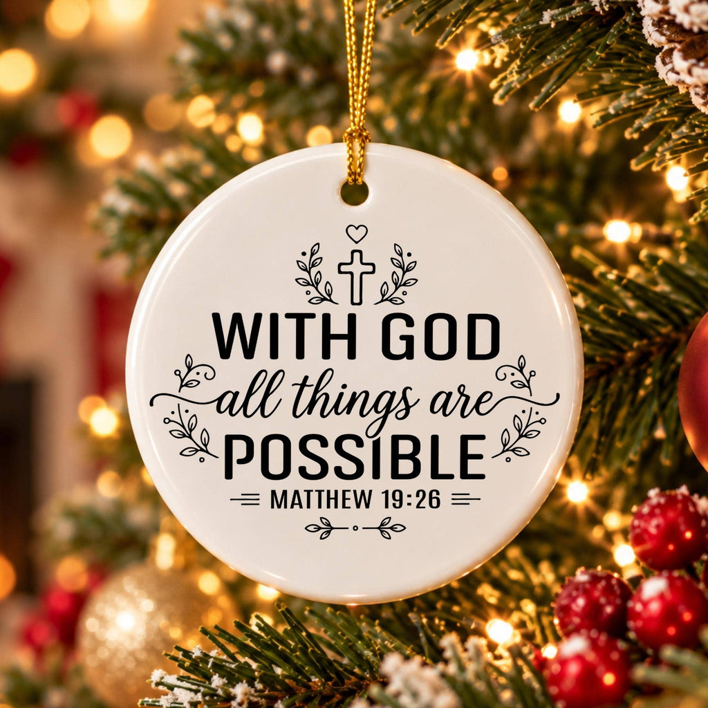 Ceramic Ornament: Cross, Laurel, "With God, All Possible
