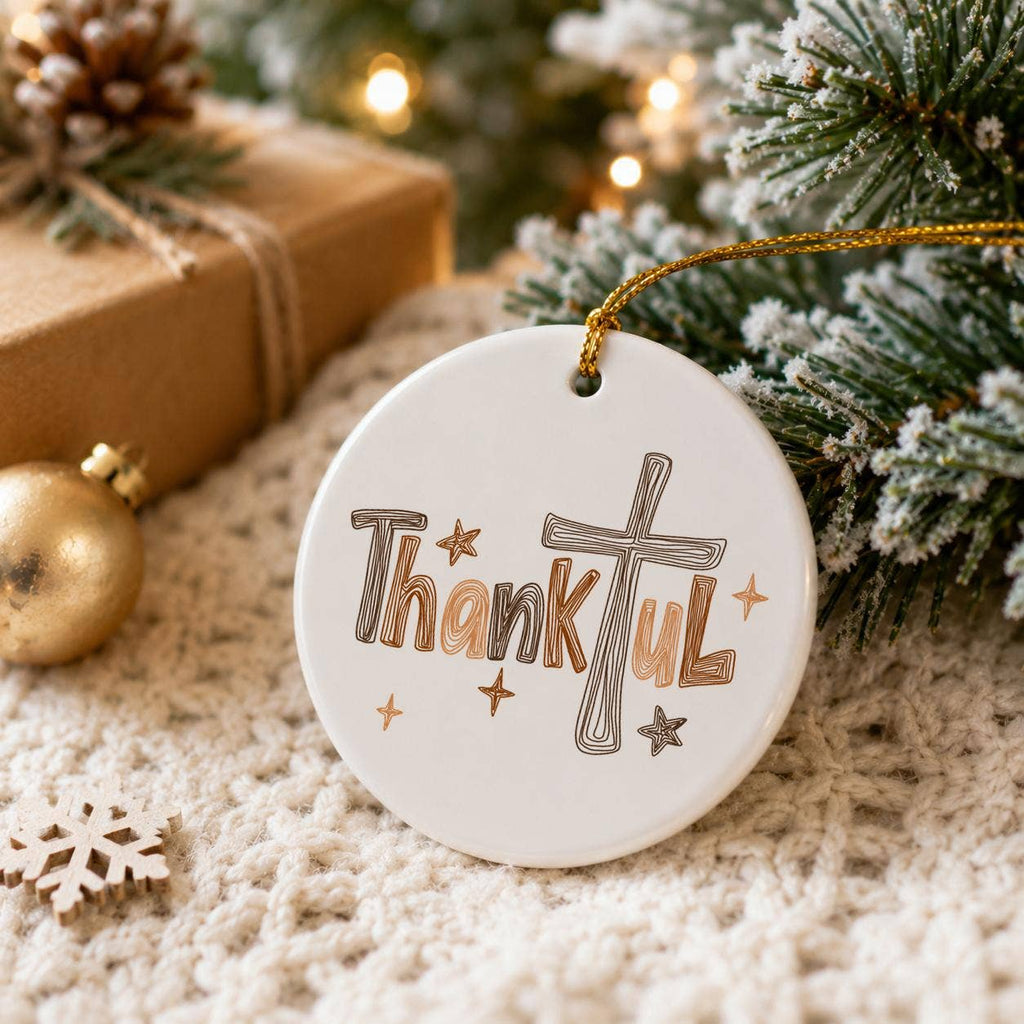 Thankful Cross Beige Ceramic Ornament with Gift Box
