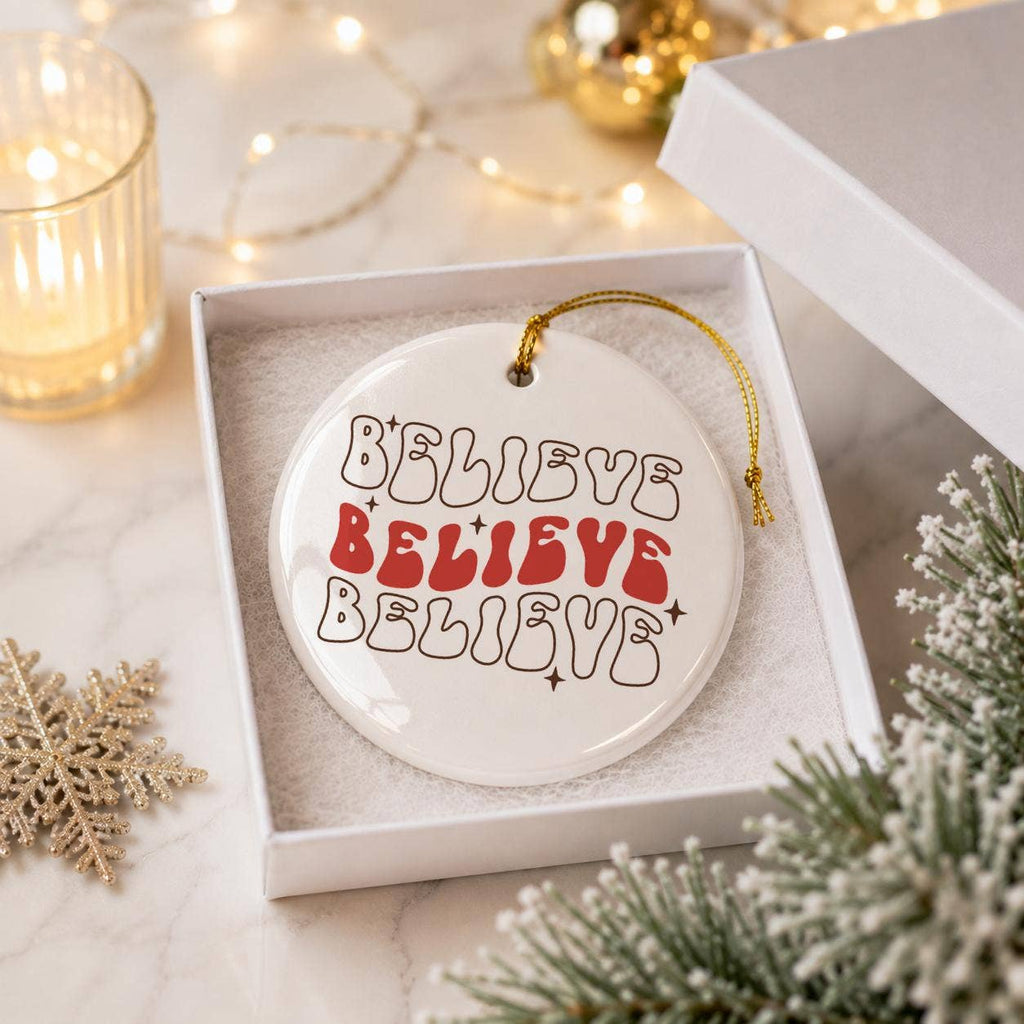 Believe Christmas Ceramic Ornament with Gift Box & Ribbon