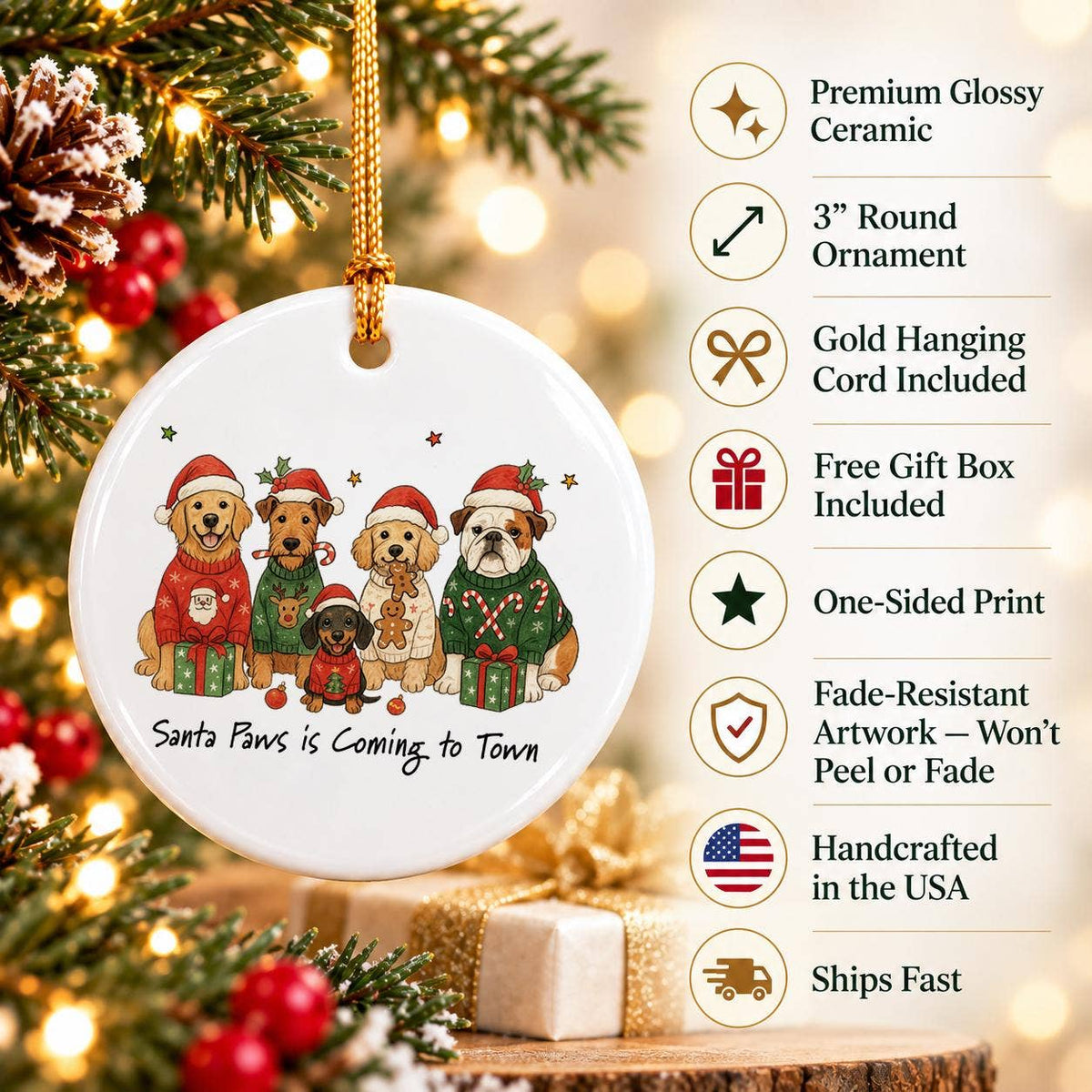 Santa Paws Christmas Dog Ceramic Ornament Gift Box