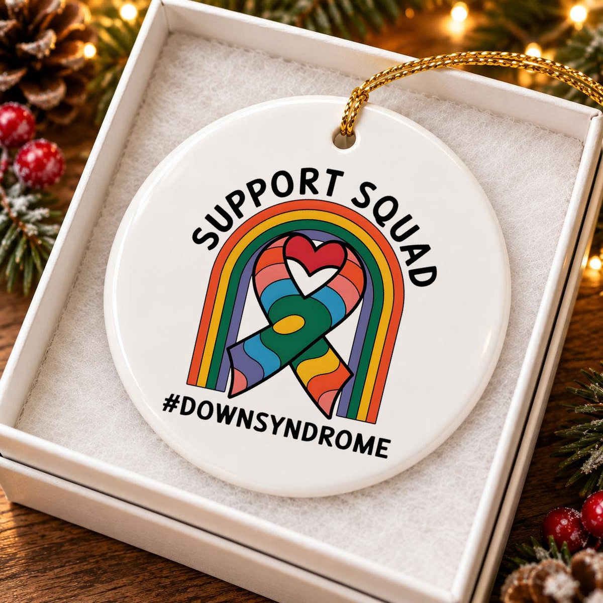 Colorful Down Syndrome Support Ribbon Heart Ceramic Ornament
