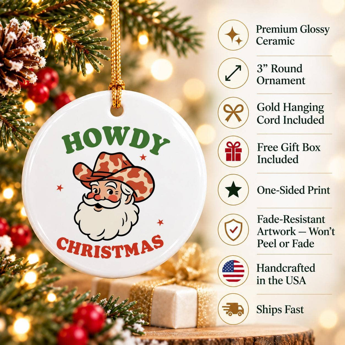 Western Cowboy Santa Ceramic Christmas Ornament Gift Boxed