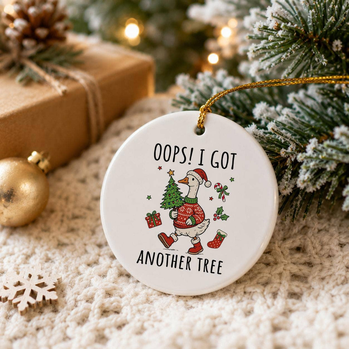 Goose in Festive Attire Humorous Ceramic Christmas Ornament