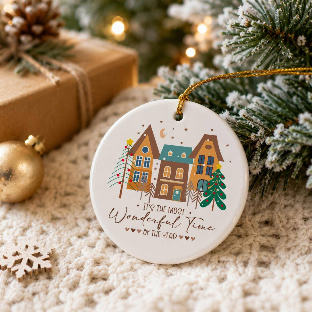 Ceramic Christmas Ornament with Gift Box Holiday Scene