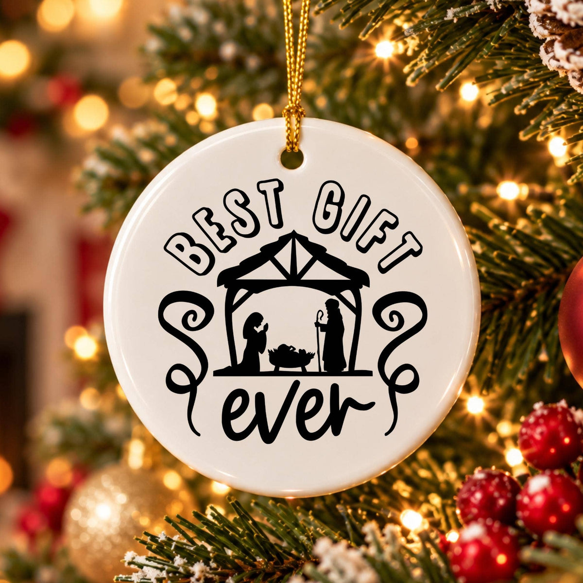 Nativity Scene Ceramic Ornament 'Best Gift Ever' w/ Box