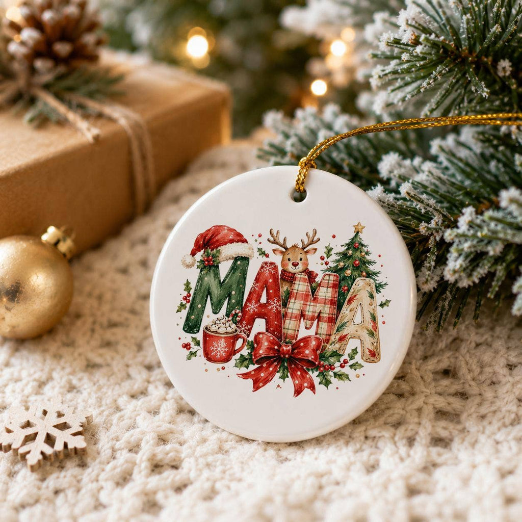 Festive Mama Reindeer Ceramic Ornament with Christmas Motifs