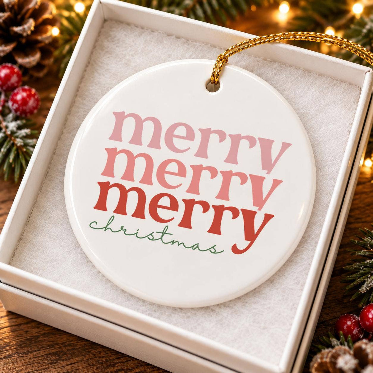 Merry Christmas Ceramic Ornament with Gold Ribbon Gift Box