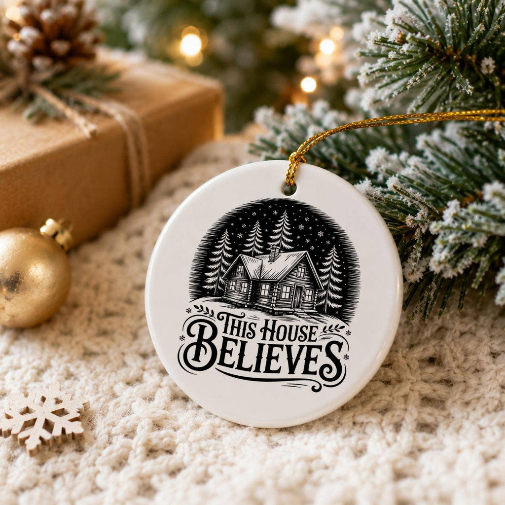 This House Believes Snowy Cabin Ceramic Christmas Ornament