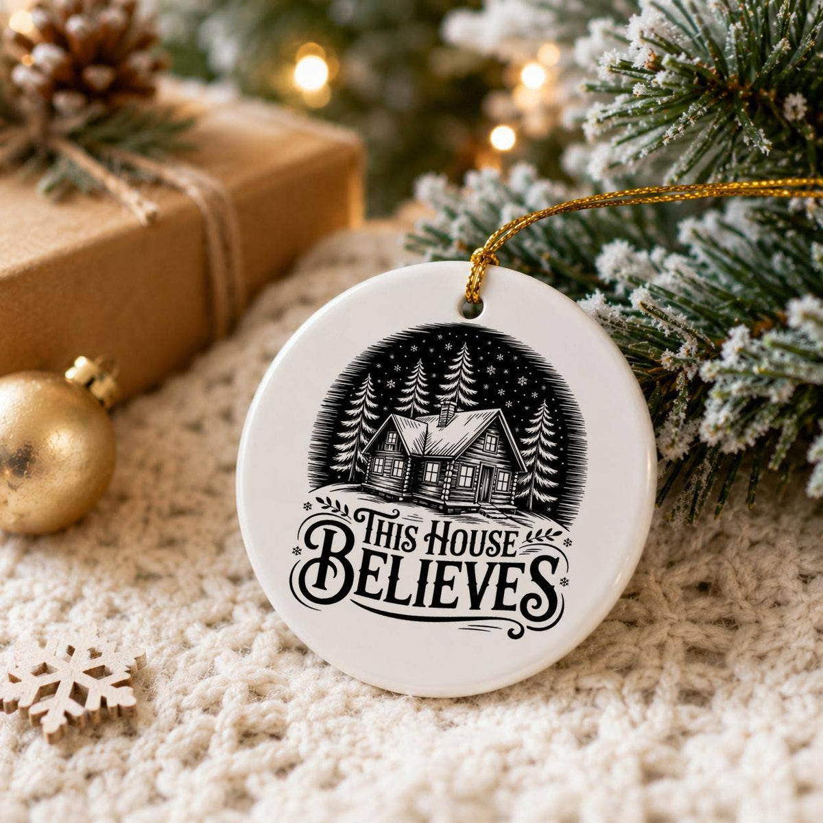 This House Believes Snowy Cabin Ceramic Christmas Ornament