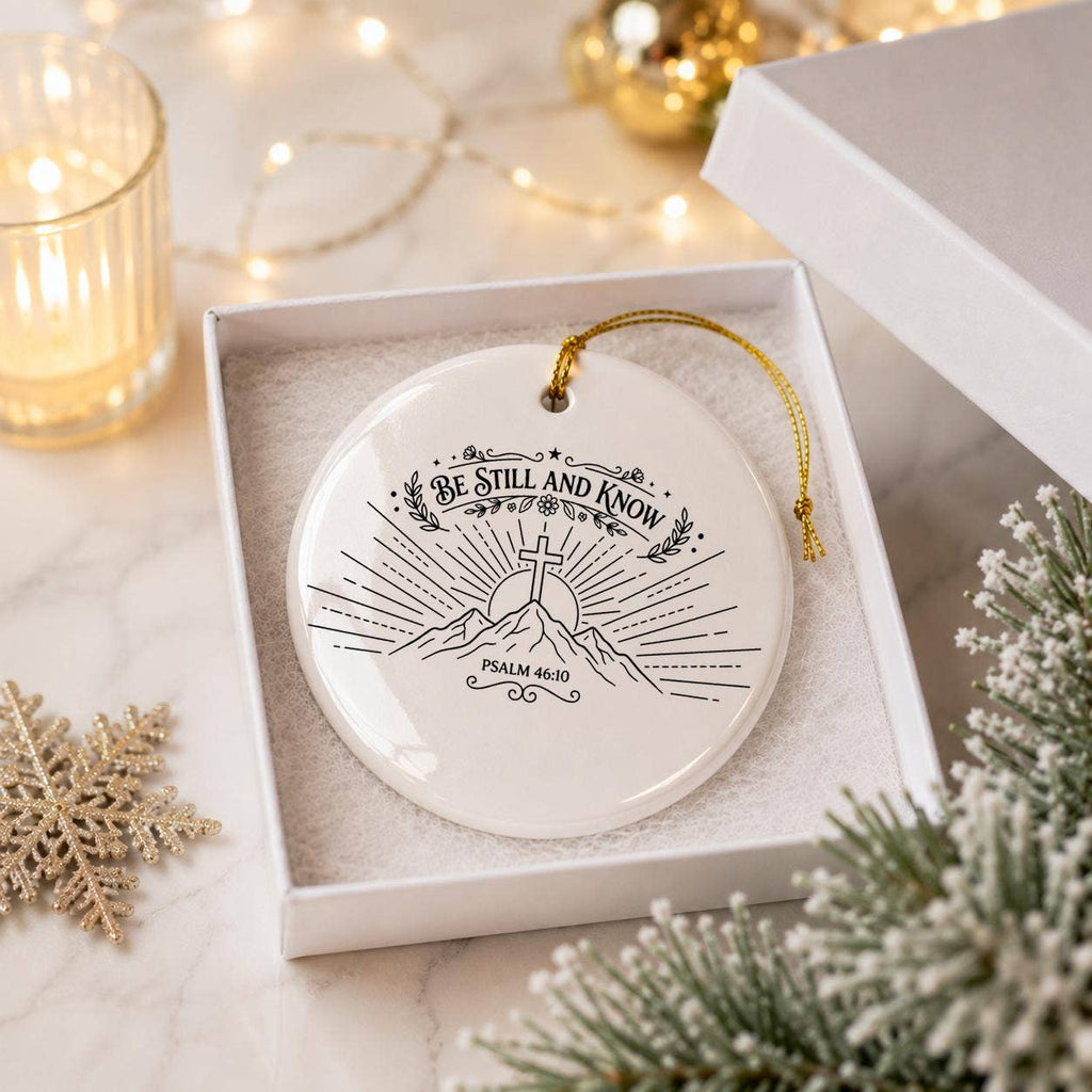 Be Still and Know Mountain Motif Ceramic Christmas Ornament