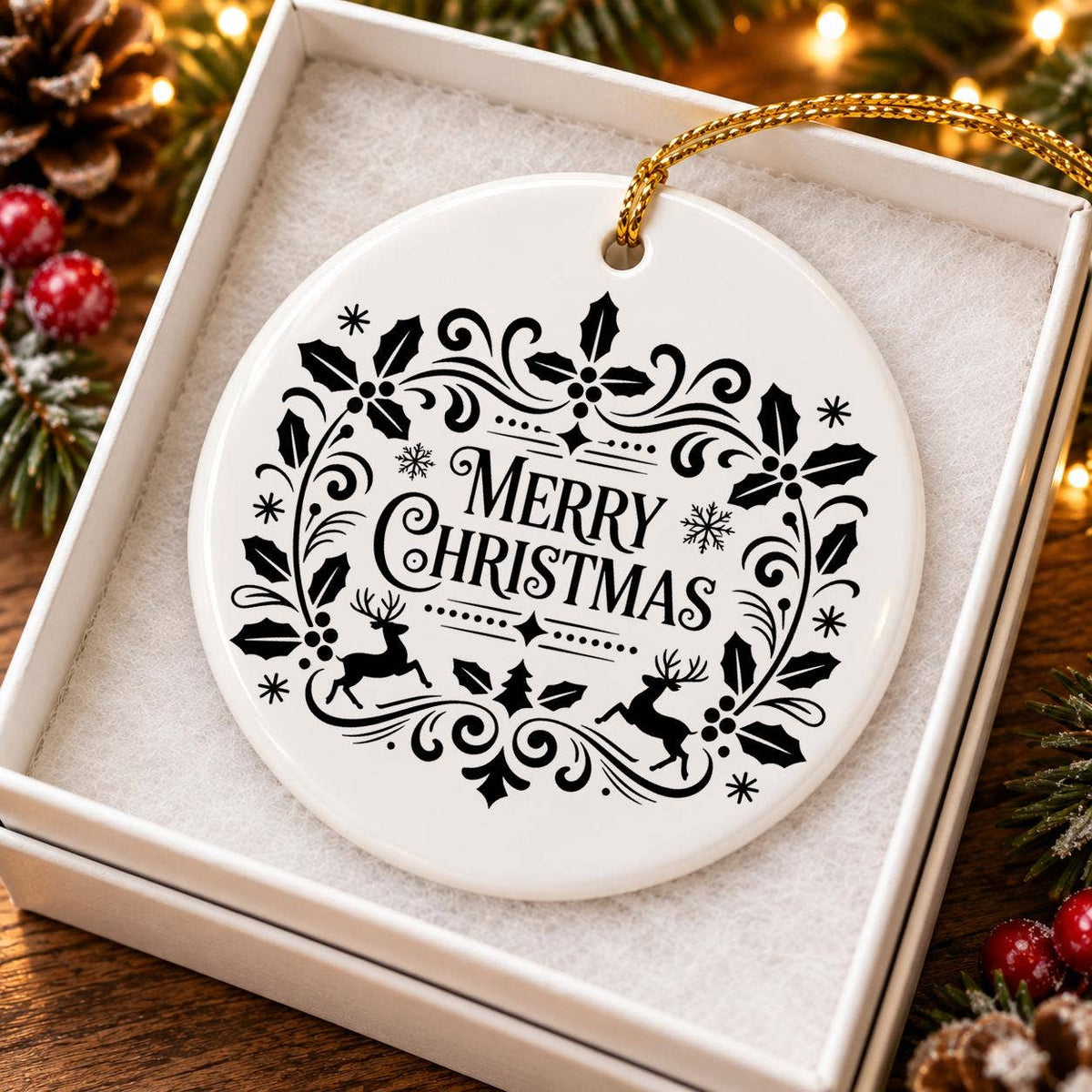 Merry Christmas Ceramic Ornament with Gift Box