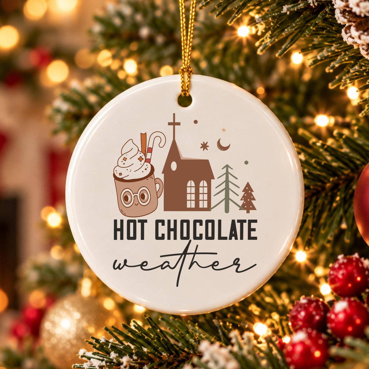 Cozy Hot Chocolate Ceramic Ornament with Christmas Motifs