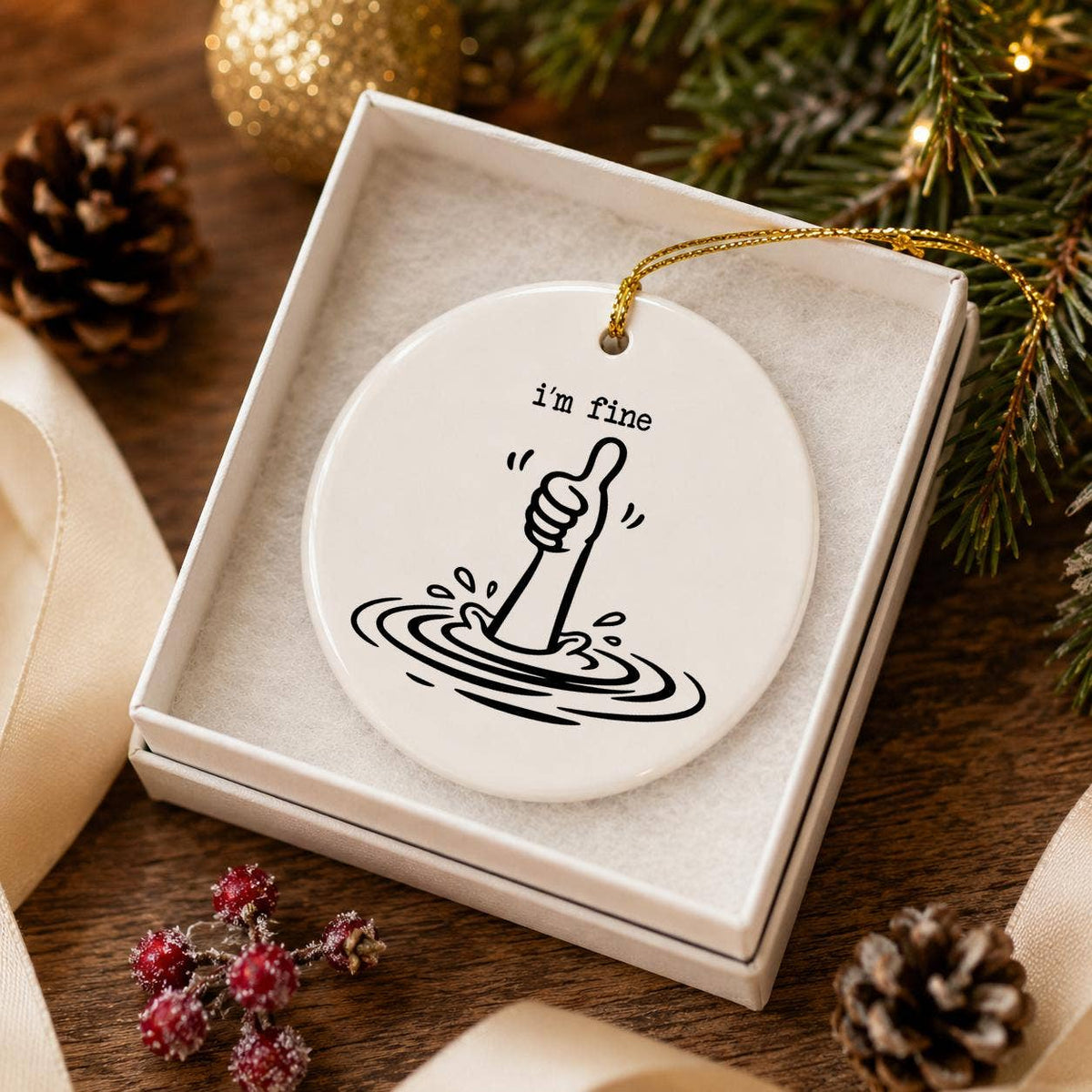 Humorous I'm Fine' Hand Motif Ceramic Christmas Ornament