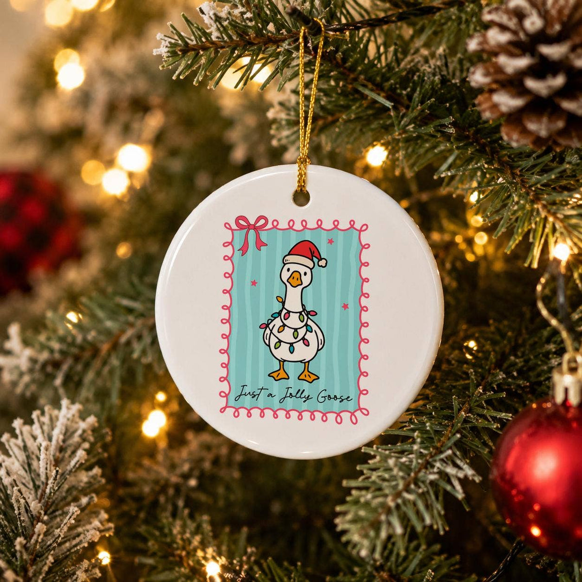 Jolly Goose Ceramic Ornament with Santa Hat & Holiday Lights