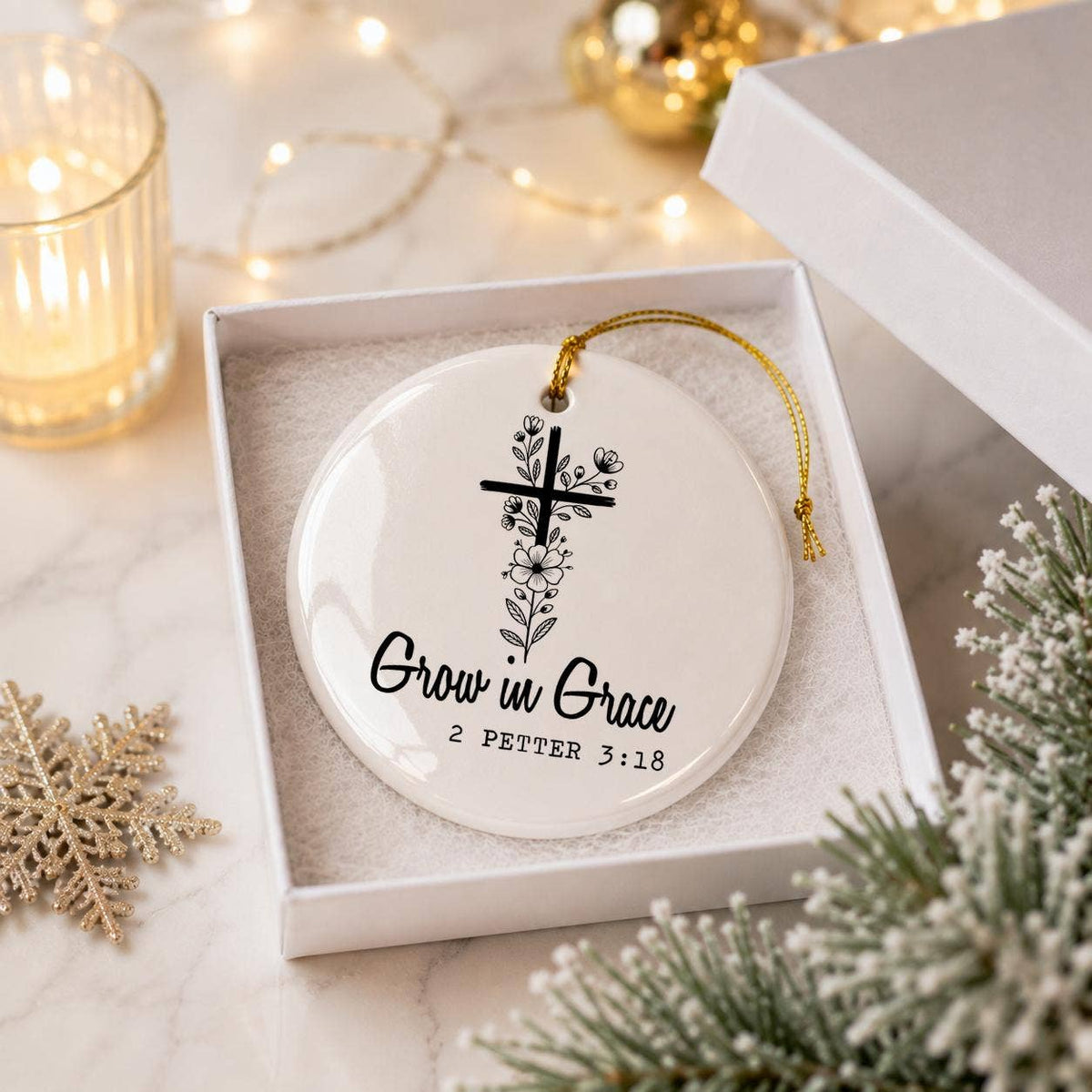 Faith & Floral Ceramic Ornament: Grow in Grace Holiday Gift