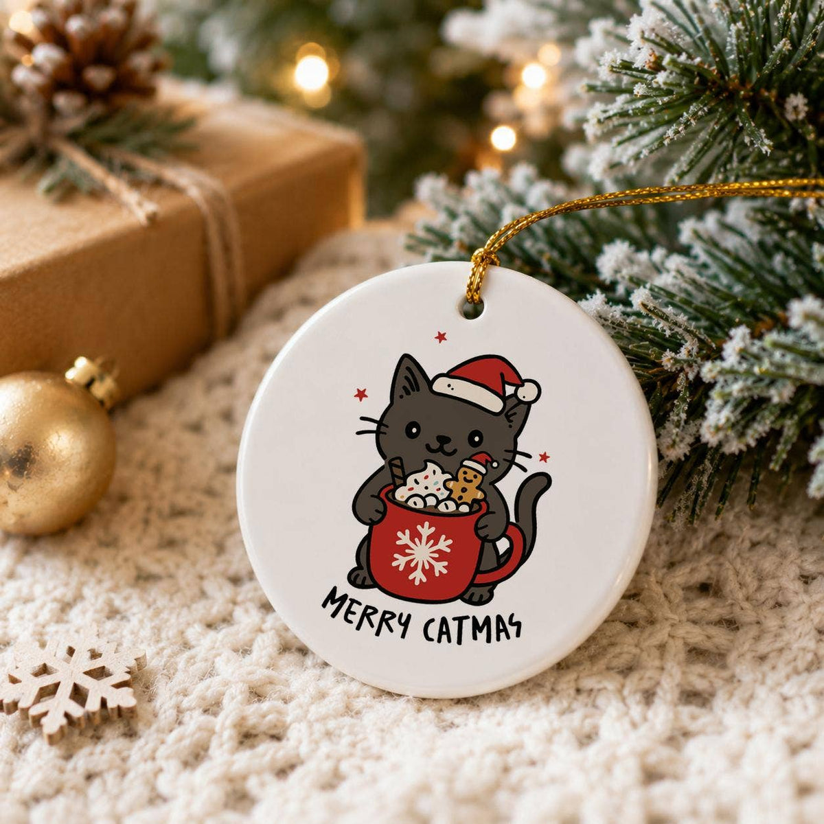 Black Cat Santa Hat Ceramic Christmas Ornament Gift Box