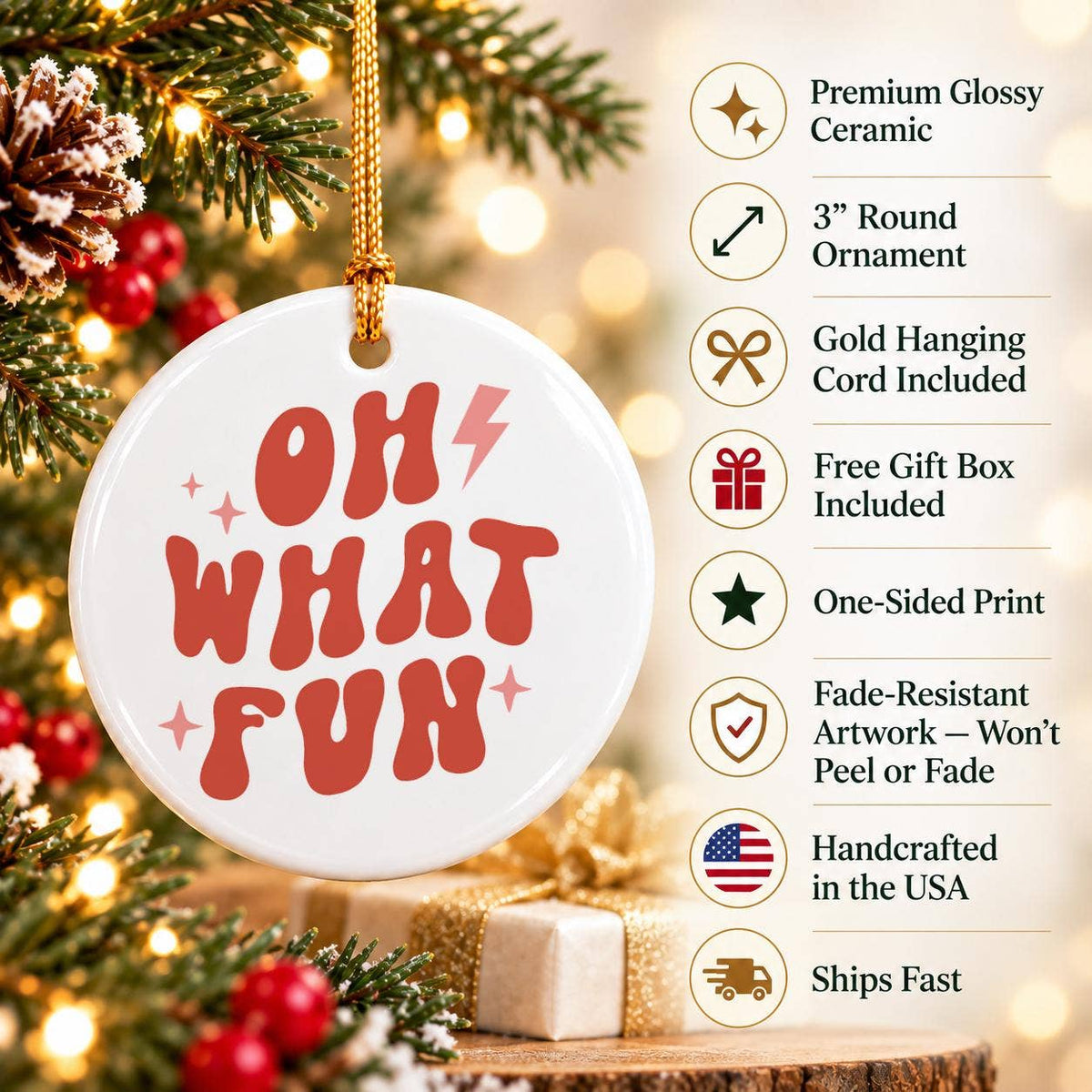 Oh What Fun Ceramic Christmas Ornament Gift Box