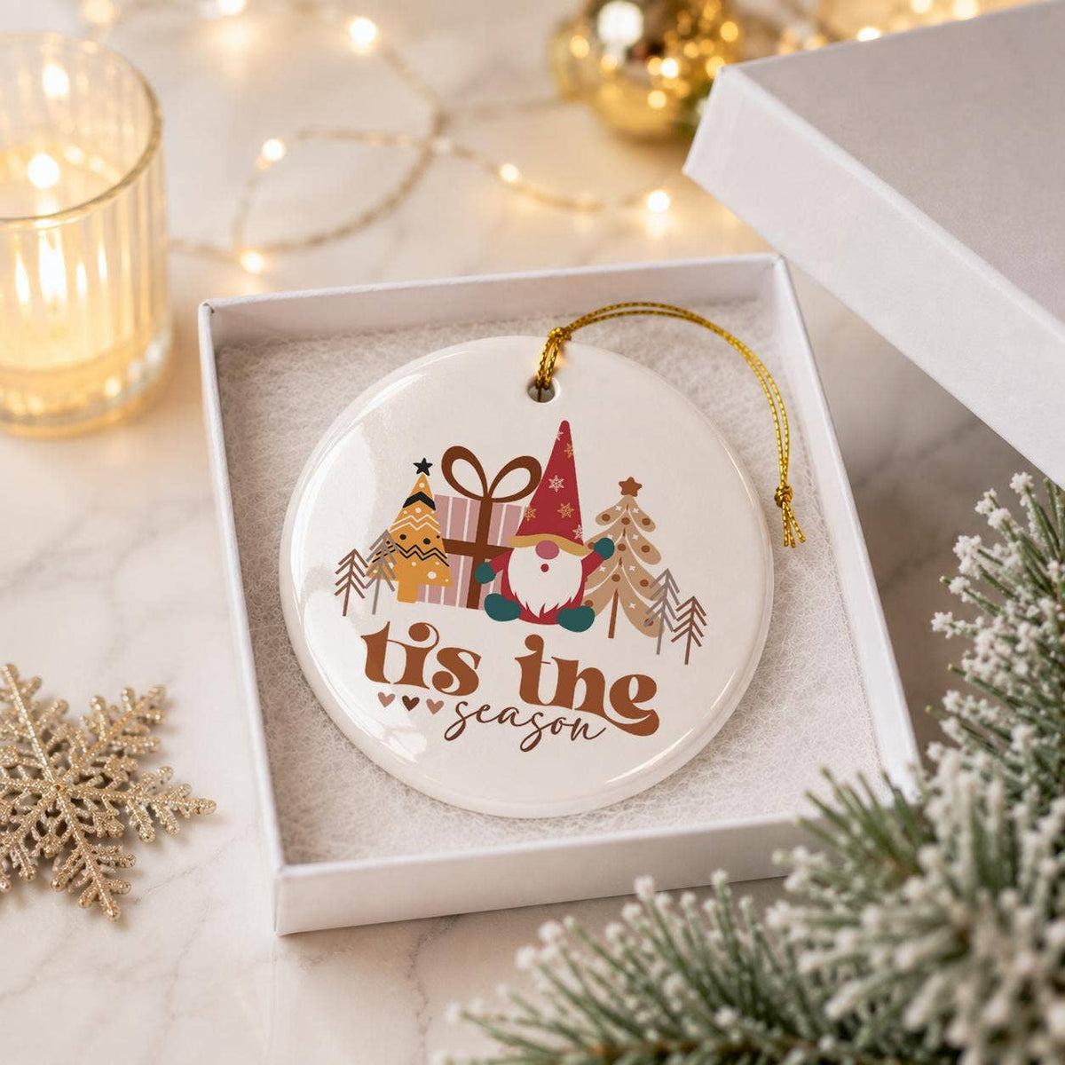 Festive Gnome Ceramic Ornament with Christmas Trees & Gifts