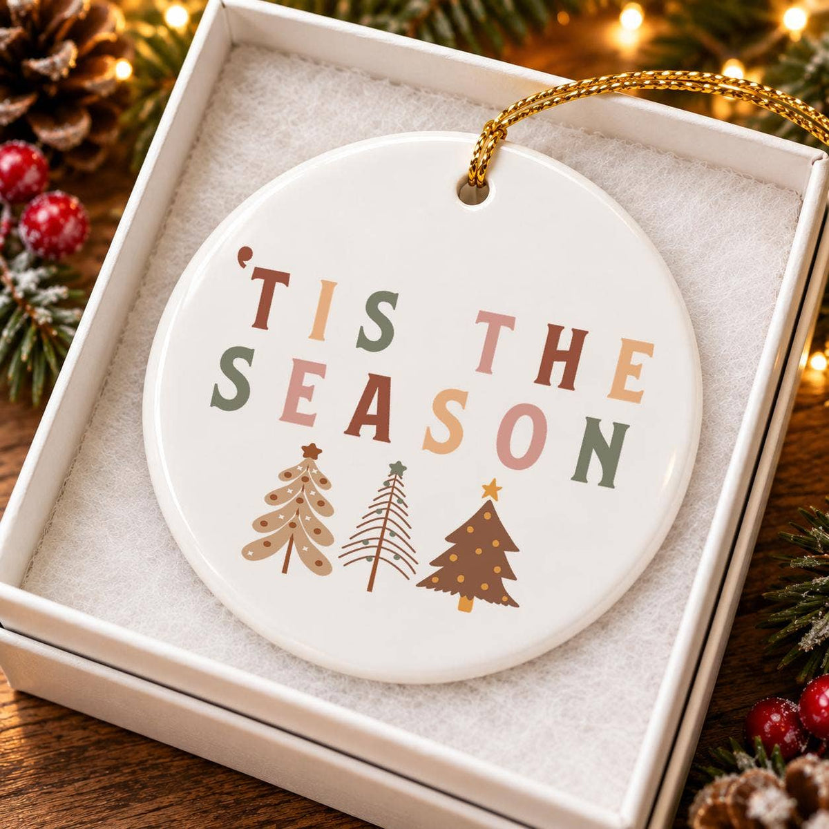 Ceramic Christmas Ornament with Tree Motifs and Gold Ribbon