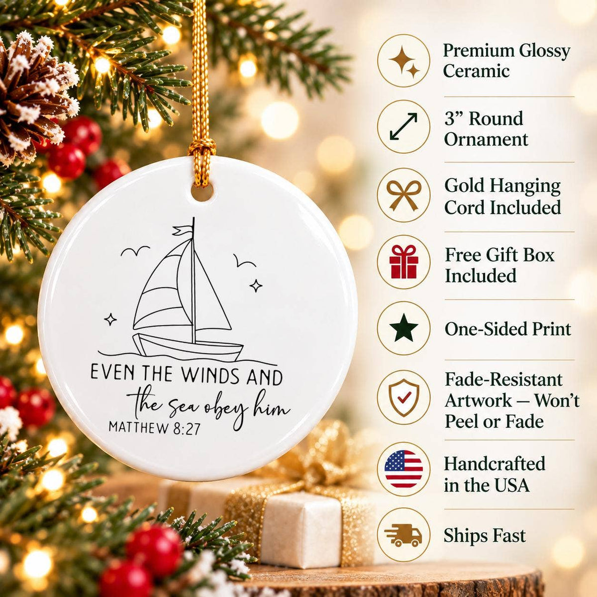 Matthew 8:27 Scripture Nautical Sailboat Ceramic Ornament