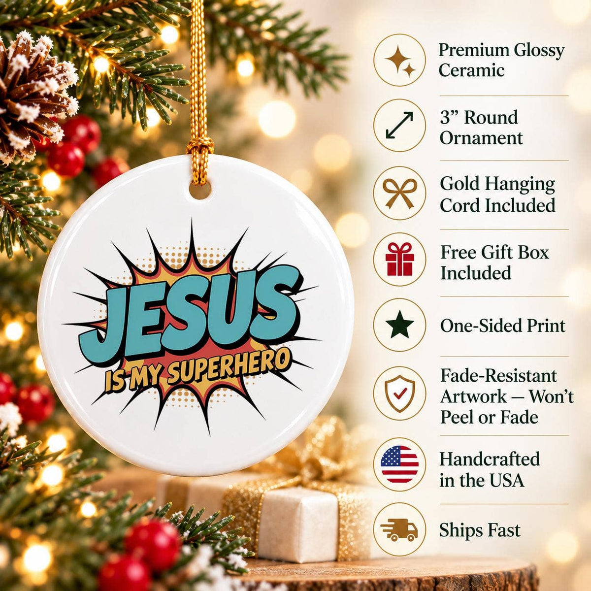 Jesus Is My Superhero Comic Ceramic Ornament for Christmas