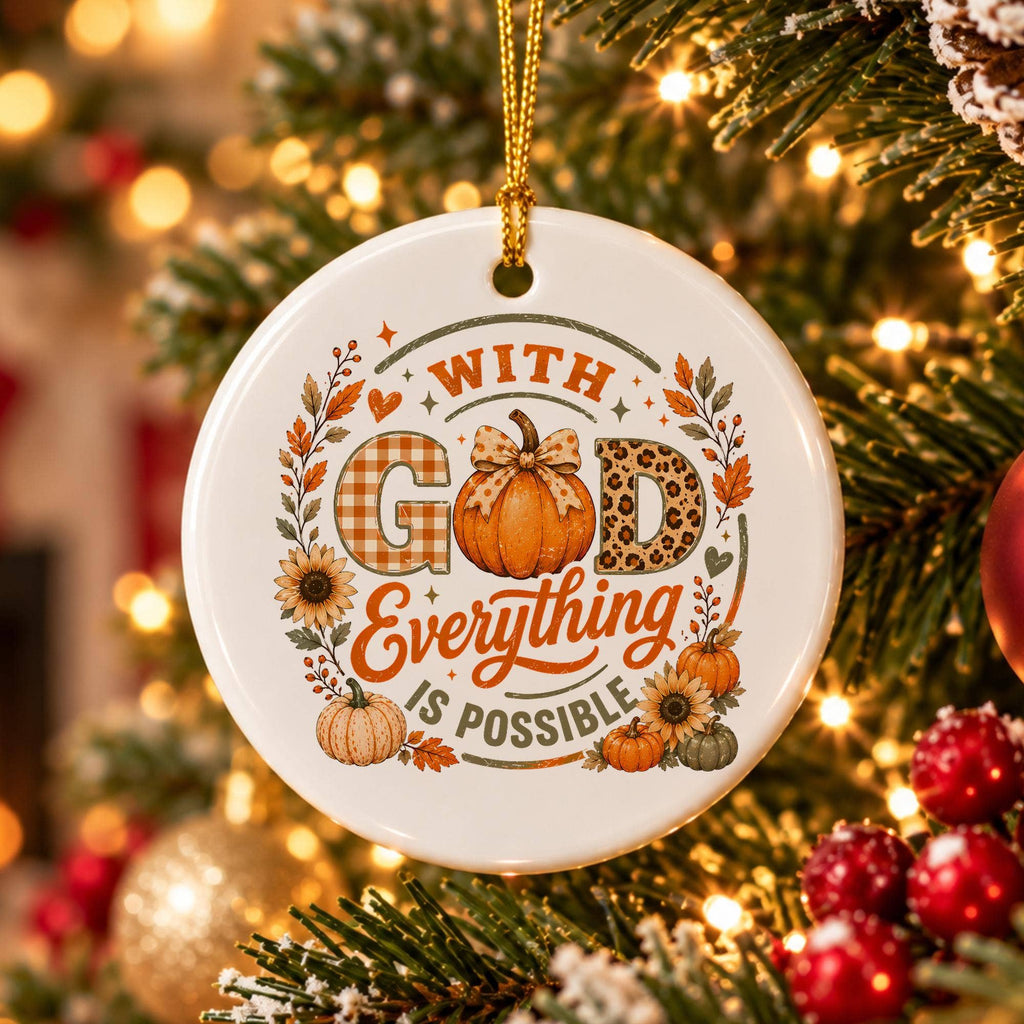 Inspirational Fall Plaid Ceramic Ornament - Faith & Pumpkins